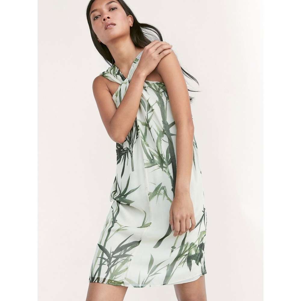 Massimo Dutti Sleeveless Cream and Green Tropical Leafs Print Silk Dress Size 6
